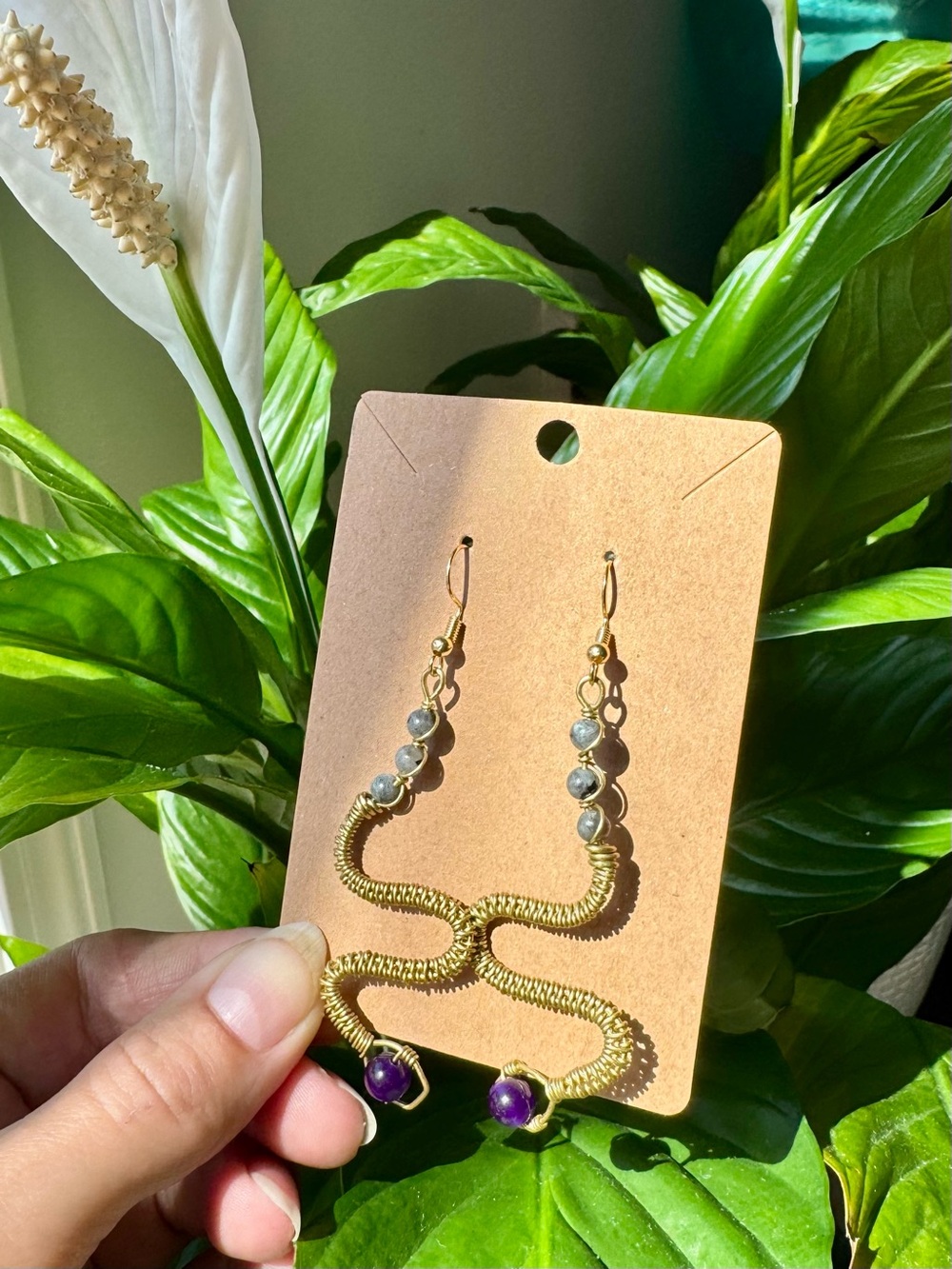 ✨AMETHYST + LABRADORITE | Gold Wire Wrapped Snake Drop Earrings